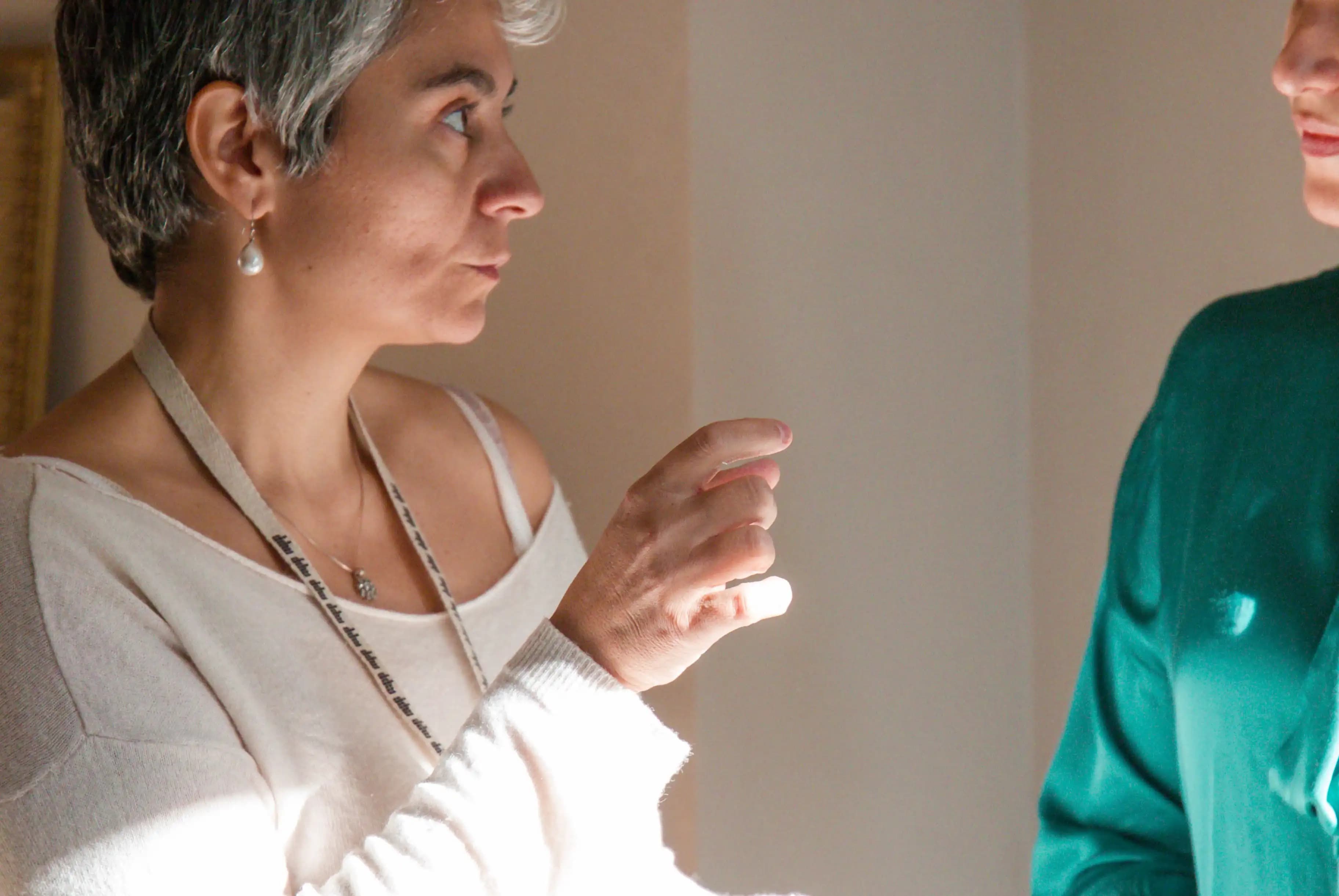 Sandra in conversation with a client, discussing a home in the making